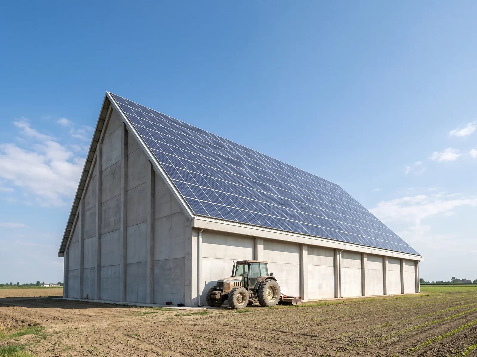Un capannone agricolo alto con l’impianto fotovoltaico sul tetto, visto da terra